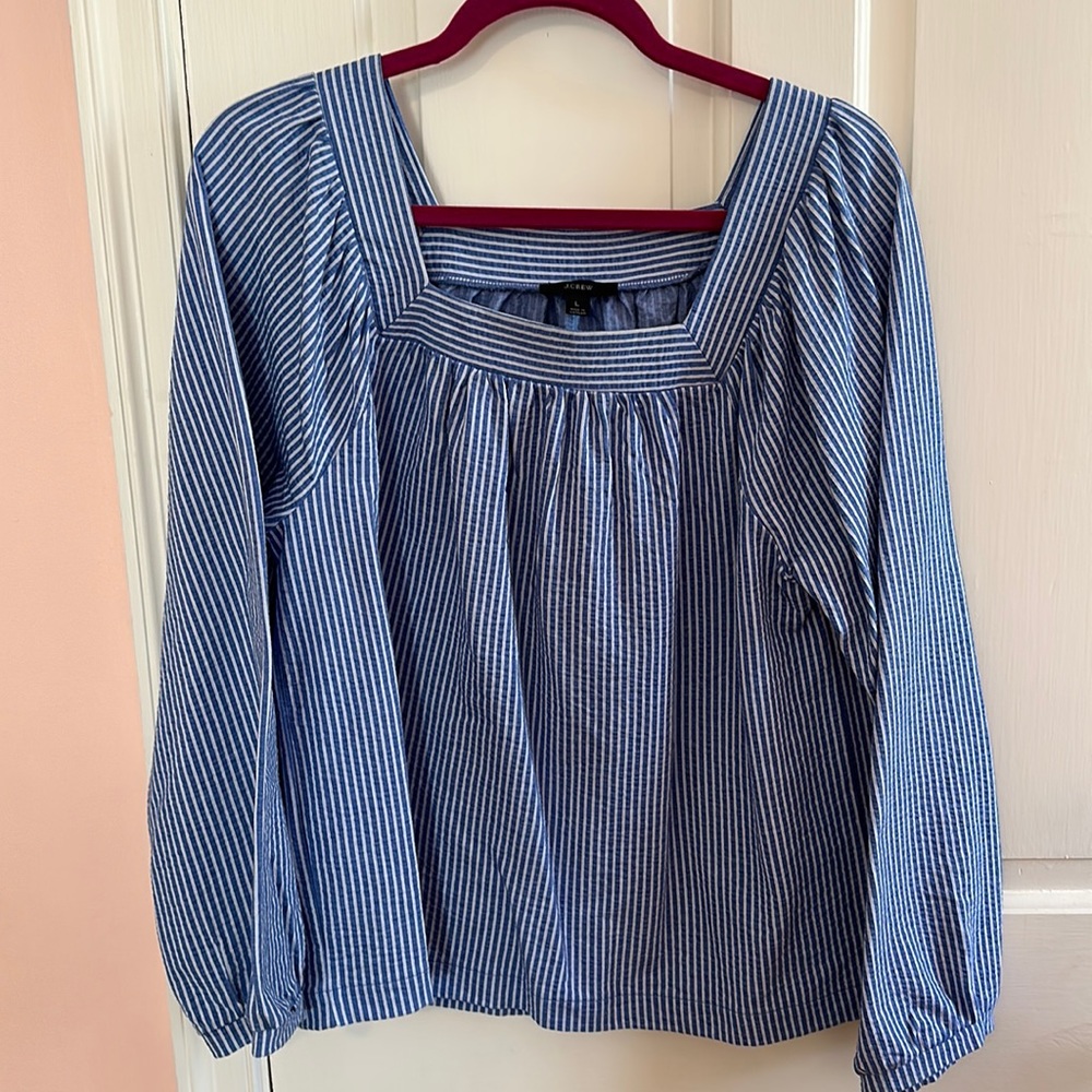 J.Crew seersucker blouse, blue and white, size L